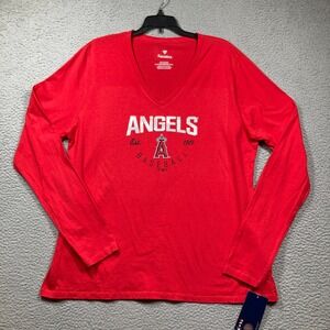 Los Angeles Angels T Shirt Womens XXL Red V Neck Long Sleeve MLB Baseball NEW